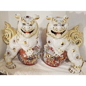 ELEGENT 15" VINTAGE DAHUA PORCELAIN FOO DOGS - RARE TEMPLE LIONS SUPERB QUALITY